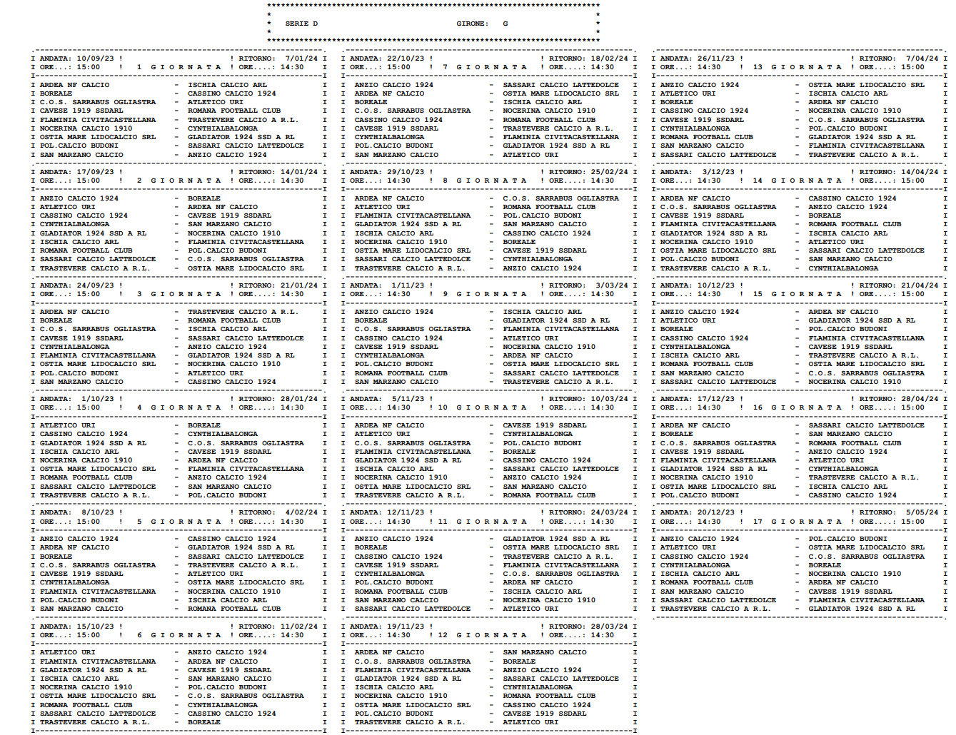 Calendario completo Serie D girone G 2023-24