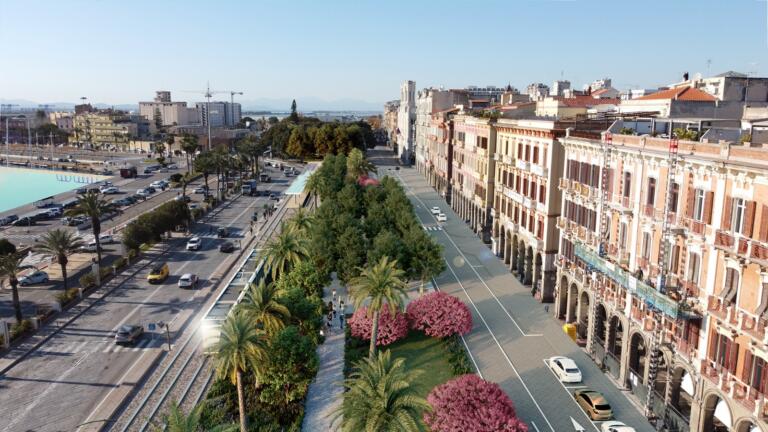 Il rendering della nuova passeggiata di Via Roma a Cagliari