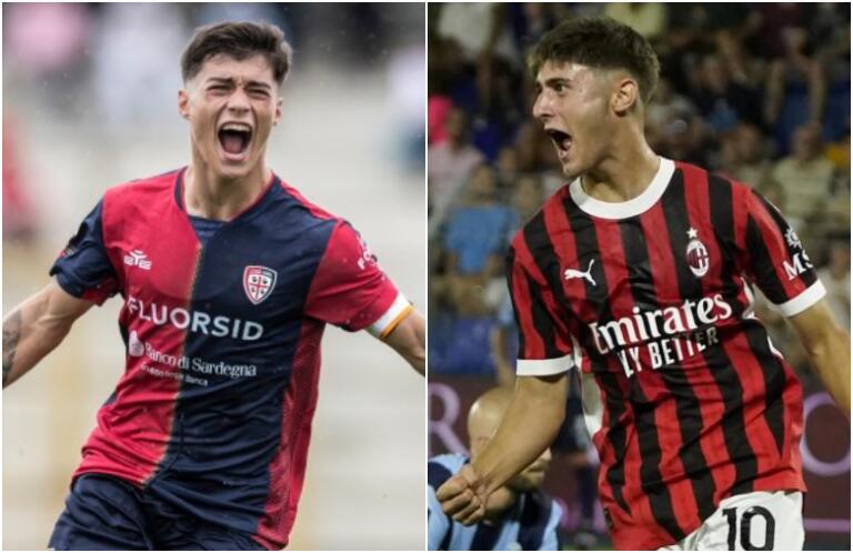 Alessandro Vinciguerra e Mattia Liberali esultano dopo un gol con Cagliari e Milan | Foto Valerio Spano e Foto Facebook Lega Pro