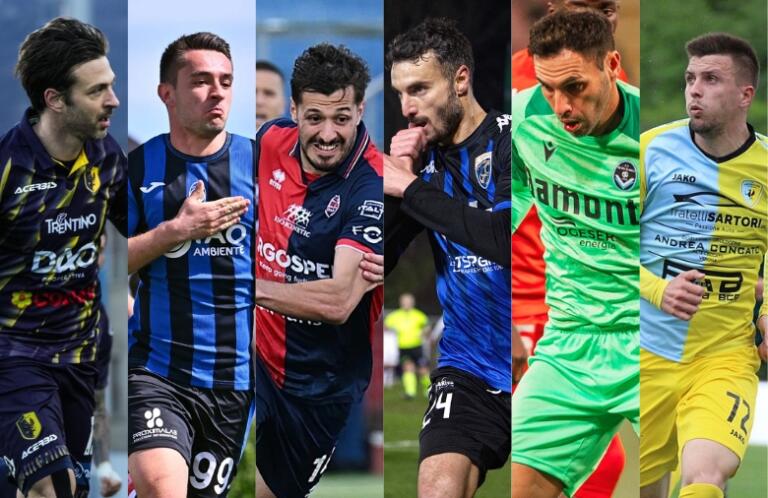 Di Carmine (Trento), Vlahovic (Atalanta U23), De Marchi (Virtus Verona), Bocalon (Renate), Pinto (Giana Erminio), Mattioli (Arzignano) | Foto Facebook Trento/Lega Pro/Virtus Verona/Renate/Giana Erminio/Arzignano