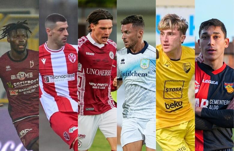 Italeng (Pontedera), Pucciarelli (Vis Pesaro), Pattarello (Arezzo), Bruzzaniti (Pineto), Mignani (Pianese), Tommasini (Gubbio) | Foto Facebook Lega Pro/Vis Pesaro/Arezzo/Pineto/Pianese/Lega Pro