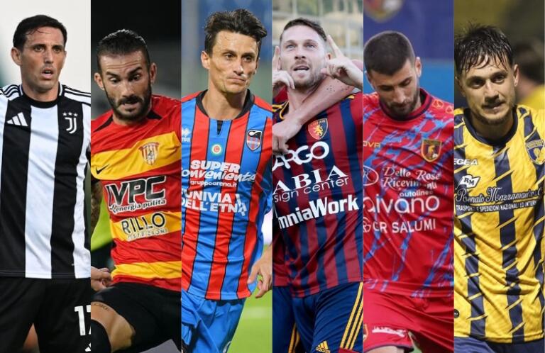 Guerra (Juventus NG), Lanini (Benevento), Inglese (Catania), Caturano (Potenza), Volpicelli (Picerno), Del Sole (Giugliano) | Foto Facebook Lega Pro/Benevento/Catania/Potenza/Lega Pro/Giugliano